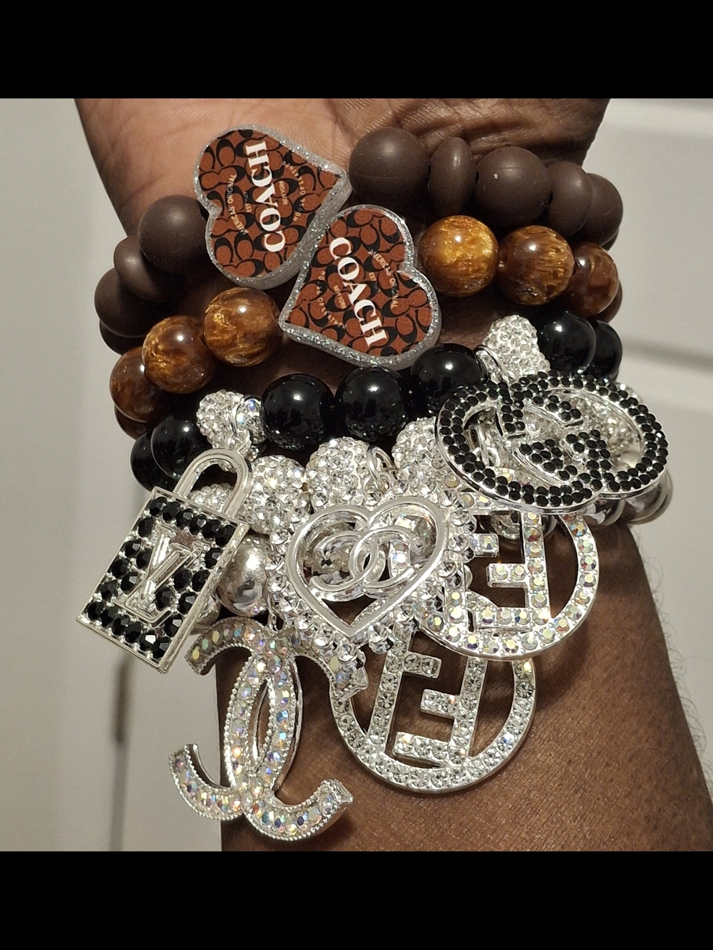 Brown Beaded Charm Bracelet Stack - Women's Designer Jewelry